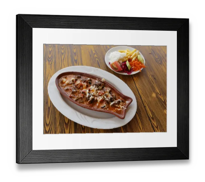 Framed Print : Kebap in baking dish, and salad, Turkey Framed Print : Kebap in baking dish, and salad, Turkey
