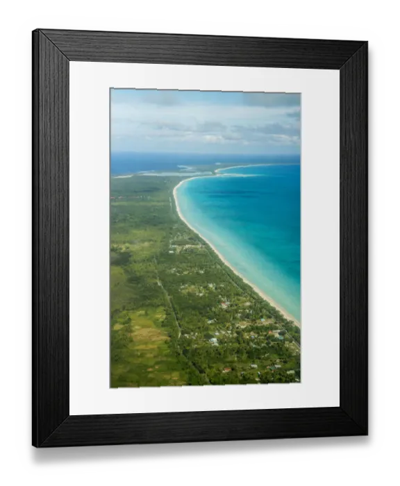 Framed Print : Coastline with beach and village, Ouvea island, New Caledonia Framed Print : Coastline with beach and village, Ouvea island, New Caledonia