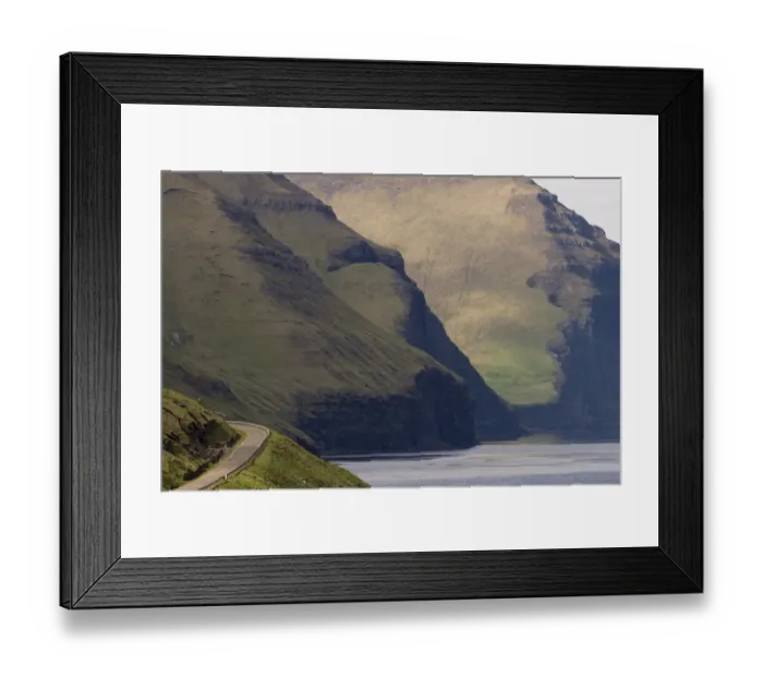 Framed Print : Road and mountains towering from the sea, Kalsoy, Norooyar, Faroe Islands, Denmark Framed Print : Road and mountains towering from the sea, Kalsoy, Norooyar, Faroe Islands, Denmark