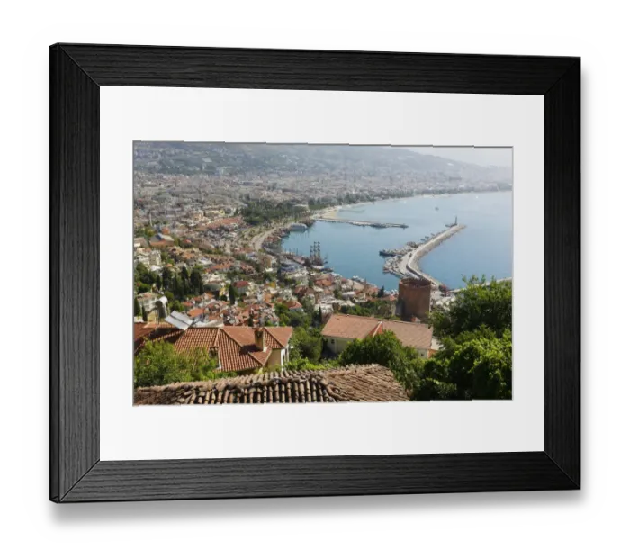 Framed Print : Historic town centre of Alanya with the port and Kizil Kule or Red Tower, view from Castle Hill, Alanya, Turkish Riviera, Province of Antalya, Mediterranean Region, Turkey