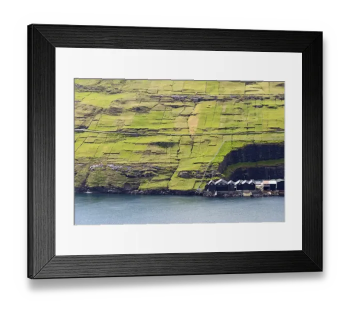 Framed Print : Boathouses and meadows, Vestmanna, Streymoy, Faroe Islands, Denmark Framed Print : Boathouses and meadows, Vestmanna, Streymoy, Faroe Islands, Denmark