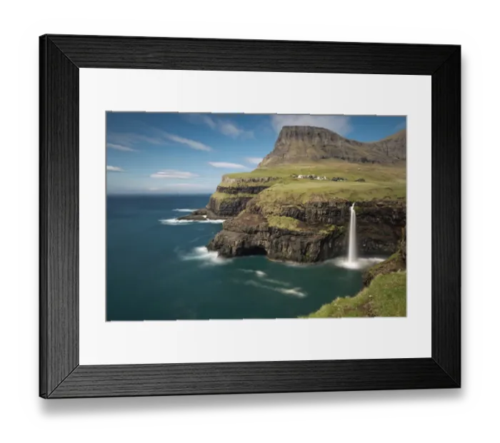 Framed Print : Waterfall on the cliffs near a village, Gasadalur, Vagar, Faroe Islands, Denmark Framed Print : Waterfall on the cliffs near a village, Gasadalur, Vagar, Faroe Islands, Denmark