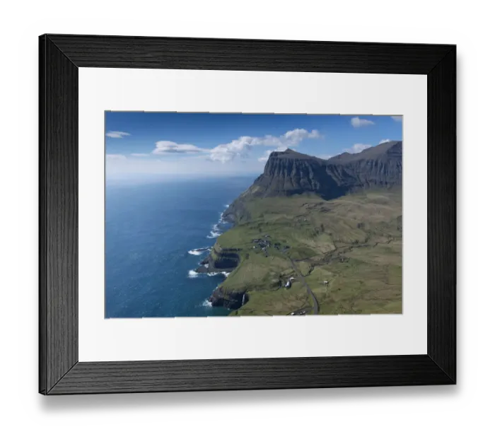 Framed Print : Cliffs and a small village, Gasadalur, Vagar, Faroe Islands, Denmark