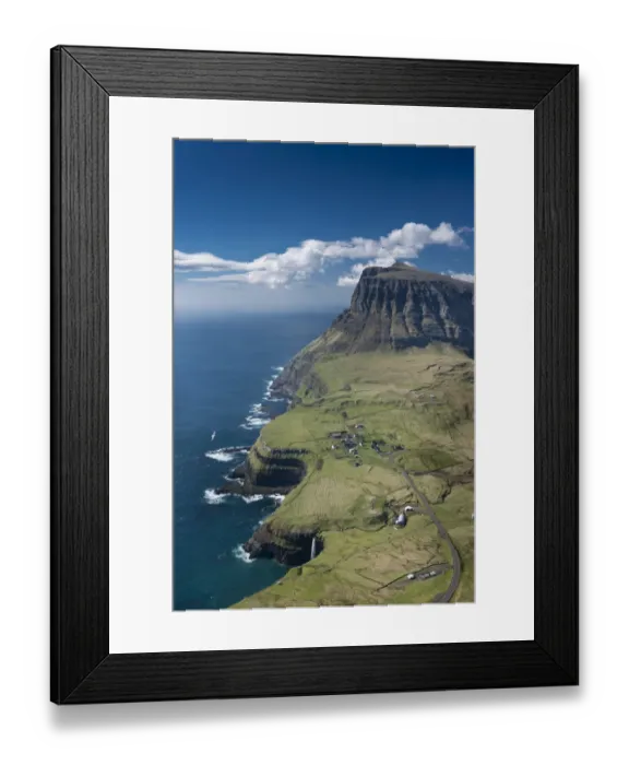 Framed Print : Cliffs and a small village, Gasadalur, Vagar, Faroe Islands, Denmark Framed Print : Cliffs and a small village, Gasadalur, Vagar, Faroe Islands, Denmark