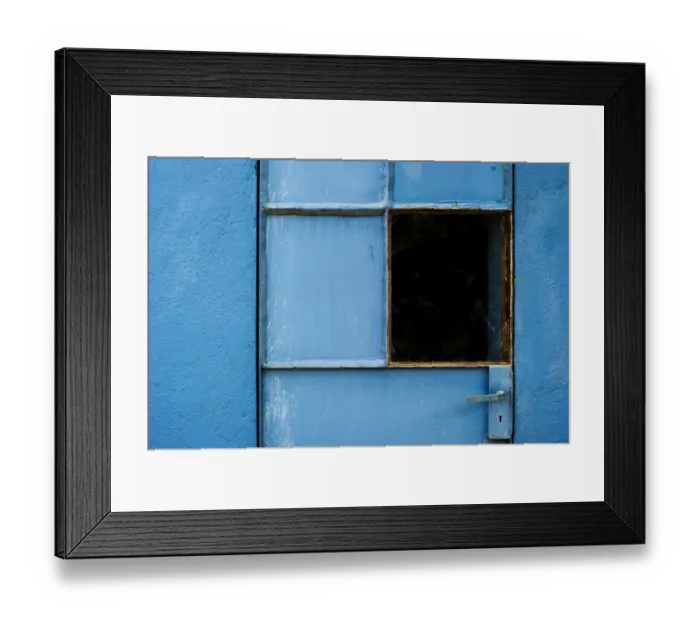 Framed Print : Blue-painted door with a window, Spain Framed Print : Blue-painted door with a window, Spain