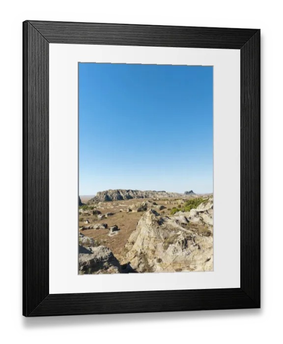 Framed Print : Dry and wide erosional landscape with rocks and trees, Isalo National Park, at Ranohira, Madagascar