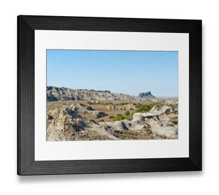Framed Print : Dry and wide erosional landscape with rocks and trees, Isalo National Park, at Ranohira, Madagascar