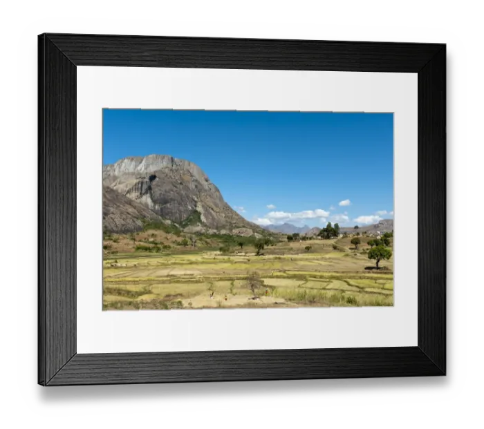 Framed Print : Landscape, terraced rice paddies of the Betsileo people with a large rocky mountain, Anja-Park near Ambalavao, Madagascar Framed Print : Landscape, terraced rice paddies of the Betsileo people with a large rocky mountain, Anja-Park near Ambalavao, Madagascar