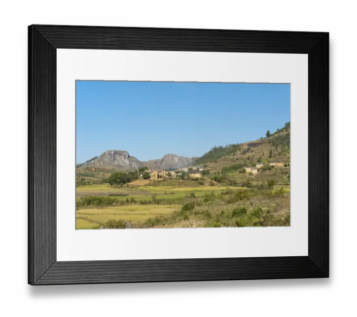 Framed Print : Landscape, village of the Betsileo people with terraced rice paddies, rocky mountains, Anja-Park near Ambalavao, Madagascar Framed Print : Landscape, village of the Betsileo people with terraced rice paddies, rocky mountains, Anja-Park near Ambalavao, Madagascar