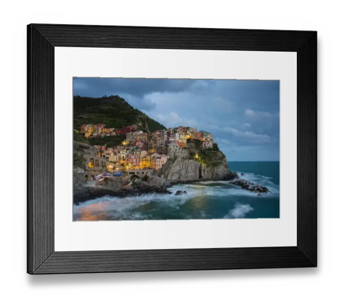 Framed Print : View of the town at dusk, Manarola, Cinque Terre, Liguria, Italy Framed Print : View of the town at dusk, Manarola, Cinque Terre, Liguria, Italy