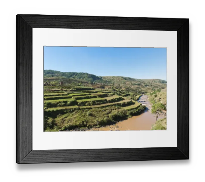 Framed Print : Villages of the Merina people with terraced rice paddies above a river, near Antananarivo, Madagascar