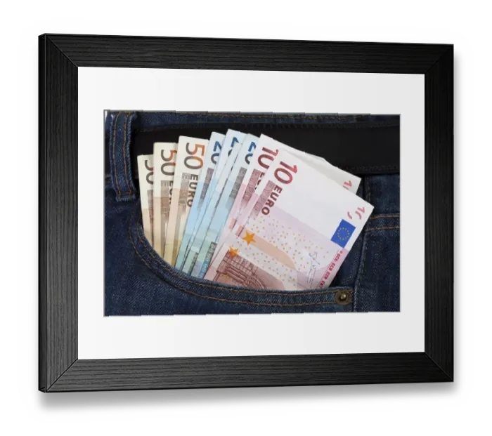 Framed Print : Euro bills in a jeans pocket Framed Print : Euro bills in a jeans pocket