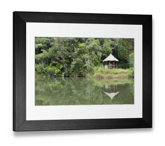 Framed Print : Cottage reflected in a lake, jungle, primary forest, Andasibe-Mantadia National Park, Alaotra Mangoro region, Madagascar Framed Print : Cottage reflected in a lake, jungle, primary forest, Andasibe-Mantadia National Park, Alaotra Mangoro region, Madagascar