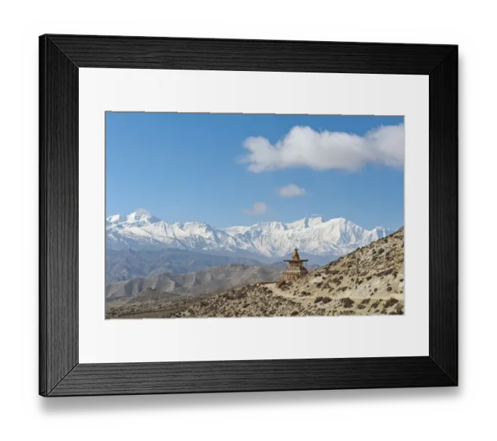 Framed Print : Vast landscape with stupa, the snow-covered mountains of the Annapurna Range at back, near Geling, Upper Mustang, Lo, Nepal