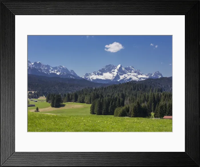Framed Print : Meadow and forest in front of Alpspitze Mountain and the Wetterstein Mountains, Mittenwald, Bavaria, Germany Framed Print : Meadow and forest in front of Alpspitze Mountain and the Wetterstein Mountains, Mittenwald, Bavaria, Germany