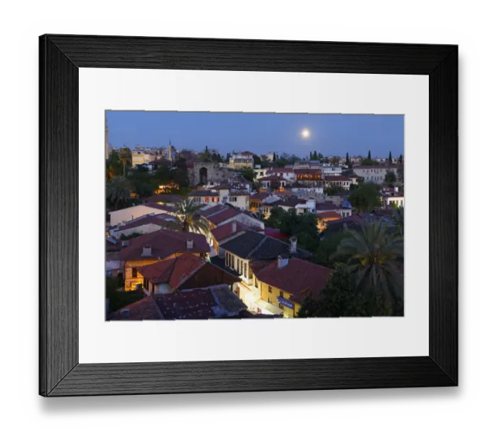 Framed Print : View of the old town with full moon, Kaleici, Antalya, Antalya Province, Turkey