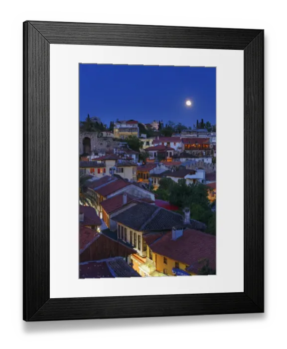 Framed Print : View of the old town with full moon, Kaleici, Antalya, Antalya Province, Turkey