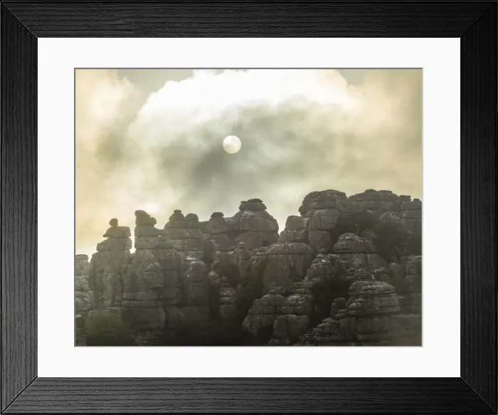 Framed Print : Bizarre limestone rock formations with the sun and fog, El Torcal Nature Reserve, Antequera, Andalusia, Spain Framed Print : Bizarre limestone rock formations with the sun and fog, El Torcal Nature Reserve, Antequera, Andalusia, Spain