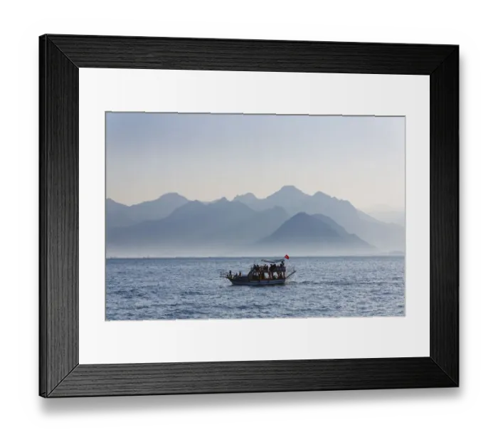 Framed Print : Excursion boat on the sea, in front of the Taurus Mountains, Lycian Taurus, Antalya, Turkish Riviera, Province of Antalya, Mediterranean Region, Turkey