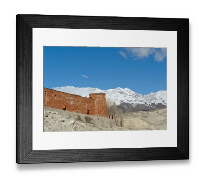 Framed Print : Red wall of a building with monks, Choede Gompa monastery, snow-capped mountains of Mustang Himal mountain range at back, Lo Manthang, Upper Mustang, Lo, Nepal Framed Print : Red wall of a building with monks, Choede Gompa monastery, snow-capped mountains of Mustang Himal mountain range at back, Lo Manthang, Upper Mustang, Lo, Nepal