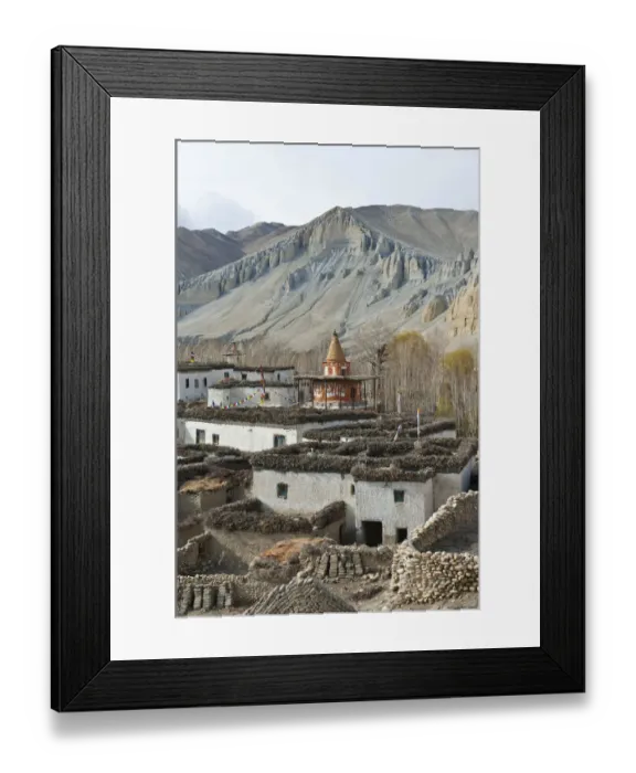 Framed Print : Tibetan architecture, houses with flat roofs, erosion in the mountains, typical stupa in the village Charang, Upper Mustang, Nepal, Asia Framed Print : Tibetan architecture, houses with flat roofs, erosion in the mountains, typical stupa in the village Charang, Upper Mustang, Nepal, Asia