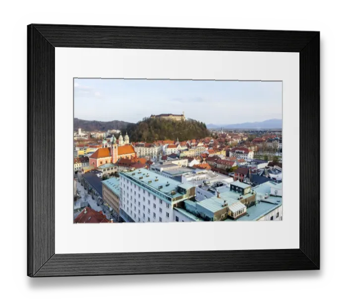 Framed Print : View across the historic centre with the castle hill and the castle, landmarks of Ljubljana, Slovenia Framed Print : View across the historic centre with the castle hill and the castle, landmarks of Ljubljana, Slovenia
