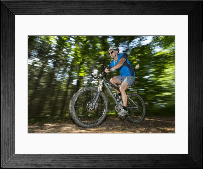 Framed Print : Cyclist on a mountainbike riding through a forest, Schurwald forest, Winterbach, Baden-Wurttemberg, Germany Framed Print : Cyclist on a mountainbike riding through a forest, Schurwald forest, Winterbach, Baden-Wurttemberg, Germany