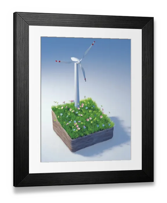 Framed Print : Piece of land with a wind turbine and a flowering meadow, illustration Framed Print : Piece of land with a wind turbine and a flowering meadow, illustration