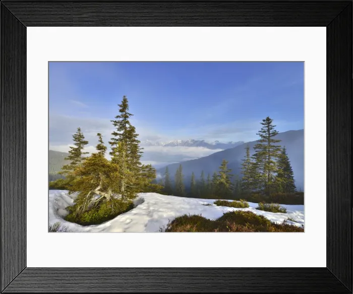 Framed Print : Mountain landscape with snow, at the back the Inn Valley and at the far back the Karwendel Range, from Mt Kleiner Gamsstein, Tux Prealps, Tyrol, Austria