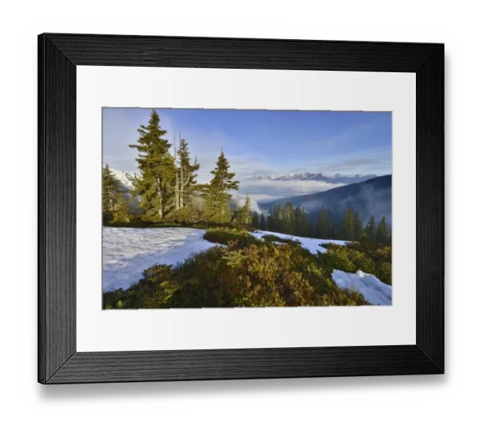 Framed Print : Mountain landscape with snow, at the back the Inn Valley and at the far back the Karwendel Range, from Mt Kleiner Gamsstein, Tux Prealps, Tyrol, Austria Framed Print : Mountain landscape with snow, at the back the Inn Valley and at the far back the Karwendel Range, from Mt Kleiner Gamsstein, Tux Prealps, Tyrol, Austria