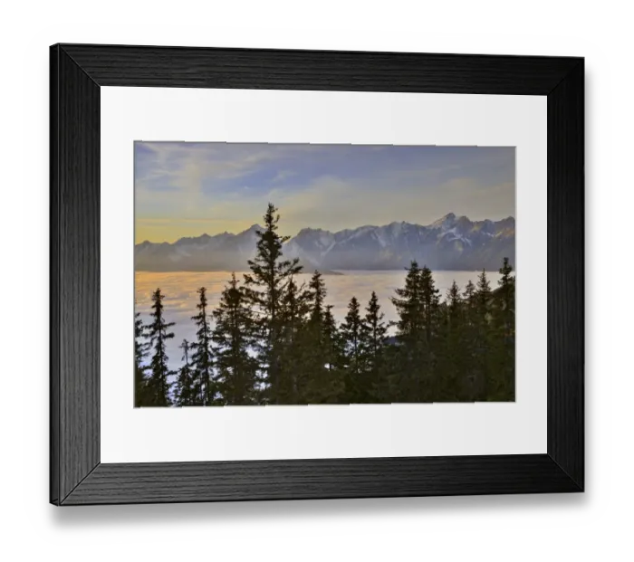 Framed Print : Fog over the Inn Valley, Karwendel Mountains at the back, at sunset, from Loassattel, Schwaz, Tyrol, Austria Framed Print : Fog over the Inn Valley, Karwendel Mountains at the back, at sunset, from Loassattel, Schwaz, Tyrol, Austria