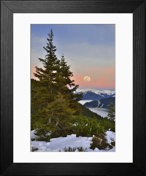 Framed Print : Fog over Zillertal Valley, Zillertal Alps at the back, moonrise from Loassattel, Schwaz, Tyrol, Austria Framed Print : Fog over Zillertal Valley, Zillertal Alps at the back, moonrise from Loassattel, Schwaz, Tyrol, Austria