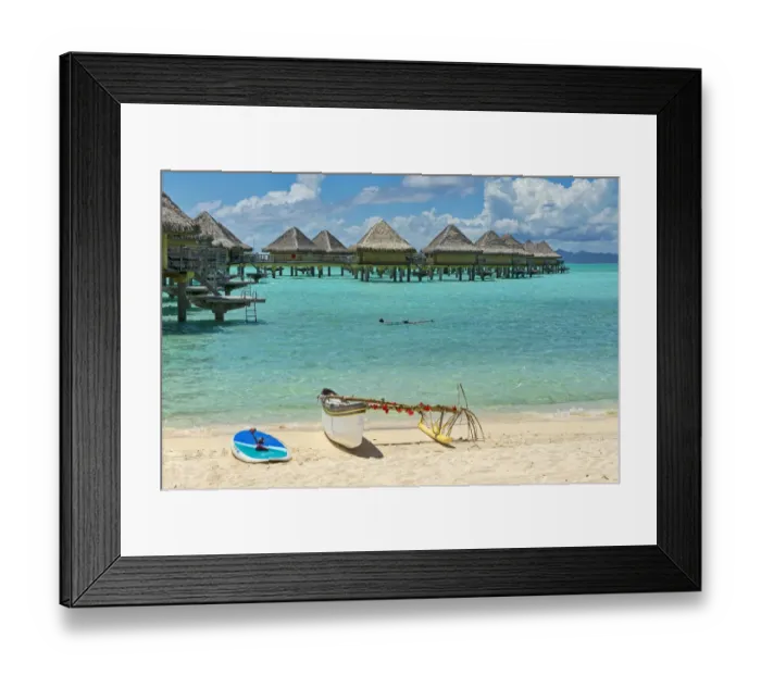 Framed Print : Decorated outrigger boat in front of overwater bungalows, Bora Bora, French Polynesia Framed Print : Decorated outrigger boat in front of overwater bungalows, Bora Bora, French Polynesia