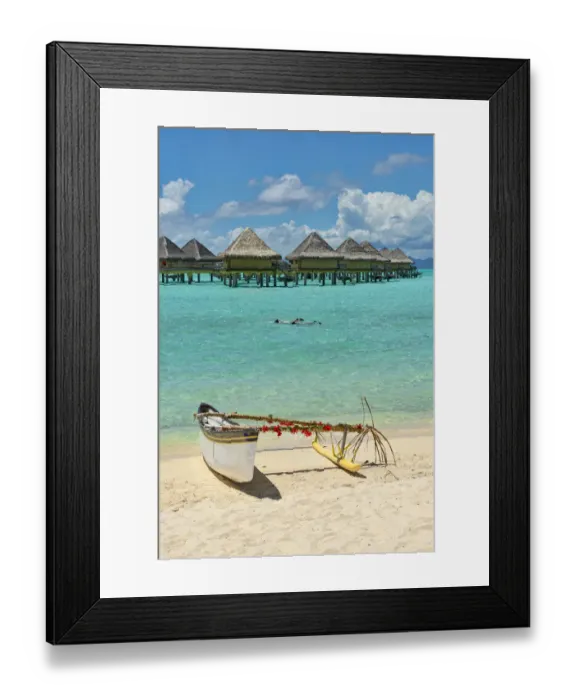 Framed Print : Decorated outrigger boat in front of overwater bungalows, Bora Bora, French Polynesia Framed Print : Decorated outrigger boat in front of overwater bungalows, Bora Bora, French Polynesia