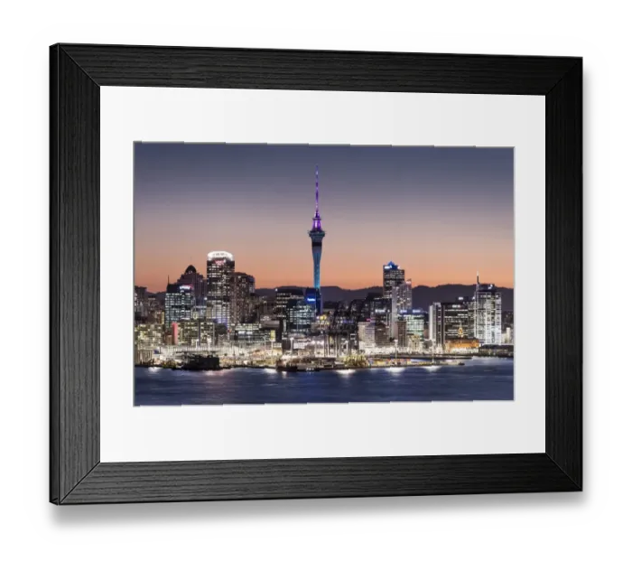 Framed Print : Skyline of Auckland with the Sky Tower at dusk, Auckland, North Island, New Zealand