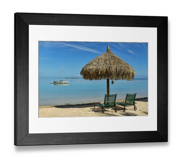 Framed Print : Parasol and sunloungers on the beach, Moorea, French Polynesia Framed Print : Parasol and sunloungers on the beach, Moorea, French Polynesia