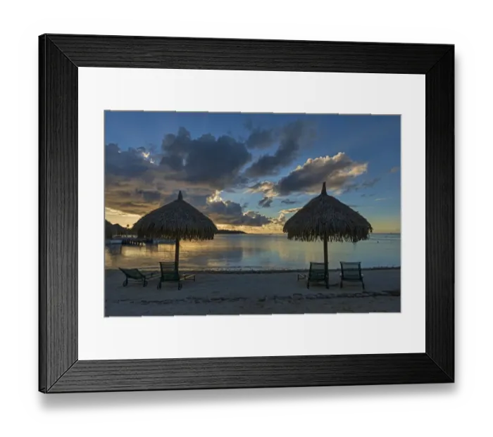 Framed Print : Parasols and sun loungers on the beach, evening atmosphere, Moorea, French Polynesia Framed Print : Parasols and sun loungers on the beach, evening atmosphere, Moorea, French Polynesia