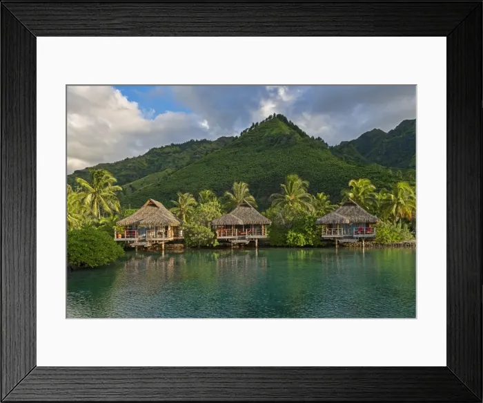 Framed Print : Overwater bungalows, evening atmosphere, Moorea, French Polynesia Framed Print : Overwater bungalows, evening atmosphere, Moorea, French Polynesia