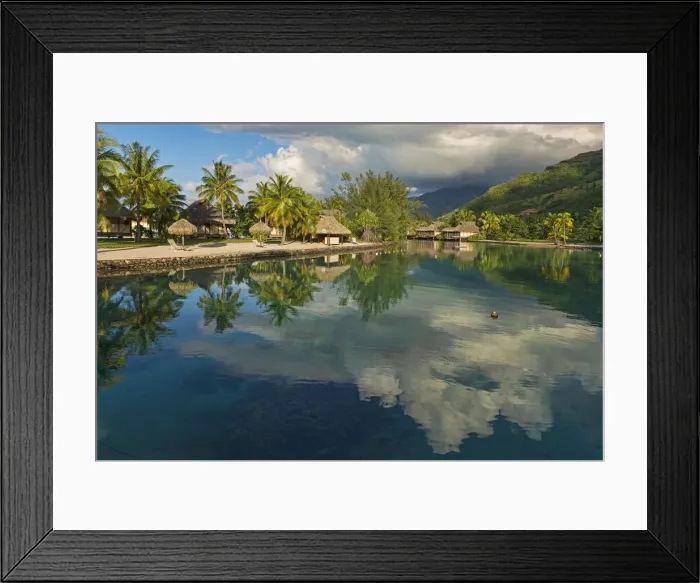 Framed Print : Overwater bungalows, evening atmosphere, Moorea, French Polynesia Framed Print : Overwater bungalows, evening atmosphere, Moorea, French Polynesia