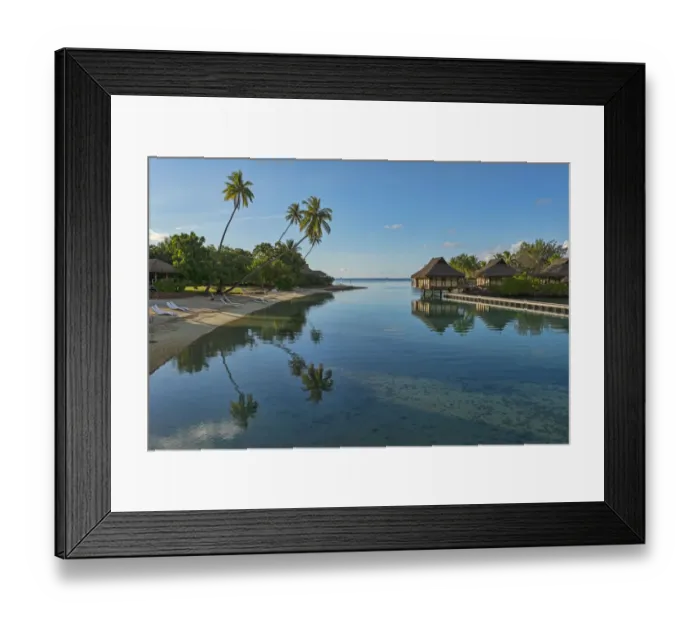 Framed Print : Overwater bungalows, evening atmosphere, Moorea, French Polynesia Framed Print : Overwater bungalows, evening atmosphere, Moorea, French Polynesia