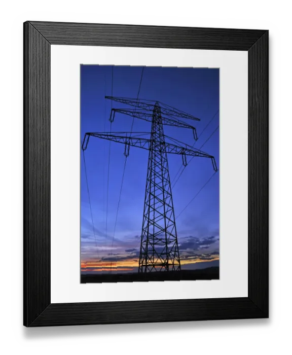 Framed Print : Electricity pylon against a blue evening sky, Eckental, Middle Franconia, Bavaria, Germany Framed Print : Electricity pylon against a blue evening sky, Eckental, Middle Franconia, Bavaria, Germany