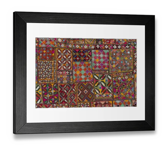 Framed Print : Traditional wall hanging from Rajasthan, colourful, inlaid with mirrors and different patterns, detail, Udaipur, Rajasthan, India Framed Print : Traditional wall hanging from Rajasthan, colourful, inlaid with mirrors and different patterns, detail, Udaipur, Rajasthan, India