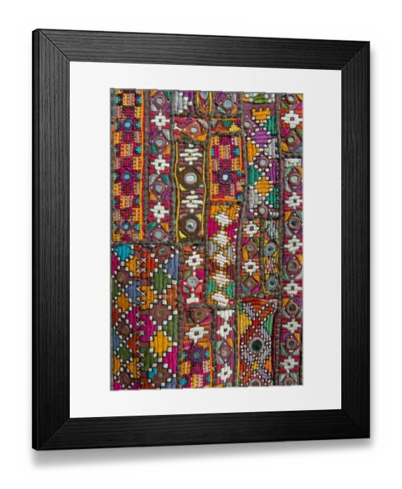 Framed Print : Traditional wall hanging from Rajasthan, colourful, inlaid with mirrors and different patterns, detail, Udaipur, Rajasthan, India Framed Print : Traditional wall hanging from Rajasthan, colourful, inlaid with mirrors and different patterns, detail, Udaipur, Rajasthan, India