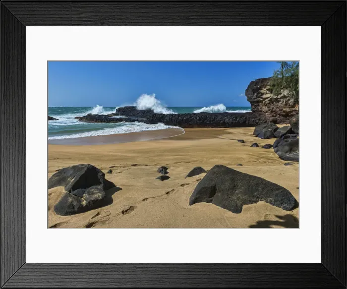 Framed Print : Surf at the coast, lava rocks, Kauai, Hawaii, United States Framed Print : Surf at the coast, lava rocks, Kauai, Hawaii, United States