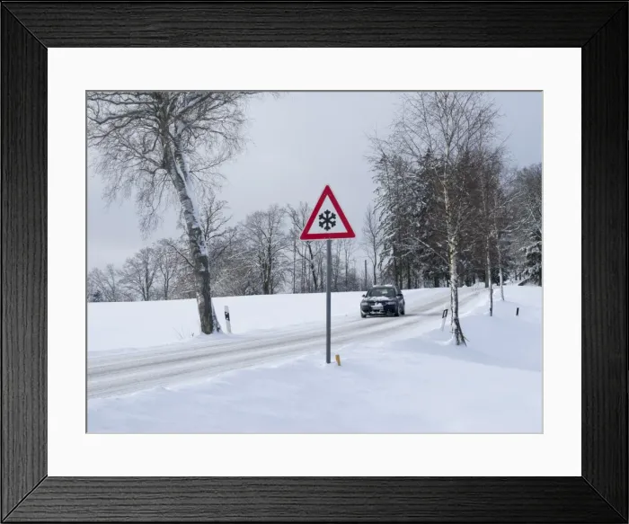 Framed Print : Traffic sign at a snow-covered road in winter, Upper Bavaria, Bavaria, Germany Framed Print : Traffic sign at a snow-covered road in winter, Upper Bavaria, Bavaria, Germany
