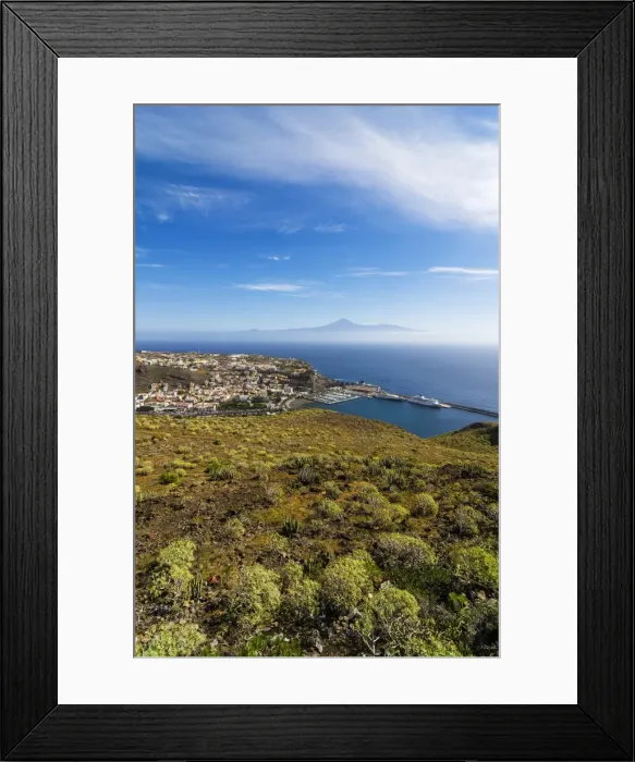 Framed Print : Town of San Sebastian, Mount Teide or Pico del Teide at back, San Sebastian de la Gomera, La Gomera, Canary Islands, Spain