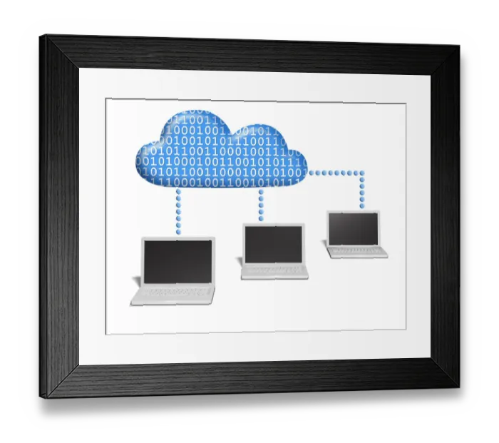 Framed Print : Three notebooks connected to a cloud which is filled with binary code, conceptual image for cloud computing, networking, IT infrastructure, 3D illustration Framed Print : Three notebooks connected to a cloud which is filled with binary code, conceptual image for cloud computing, networking, IT infrastructure, 3D illustration
