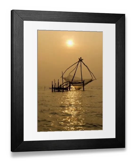 Framed Print : Chinese fishing net at sunrise, Vembanad lake, Kerala, India Framed Print : Chinese fishing net at sunrise, Vembanad lake, Kerala, India