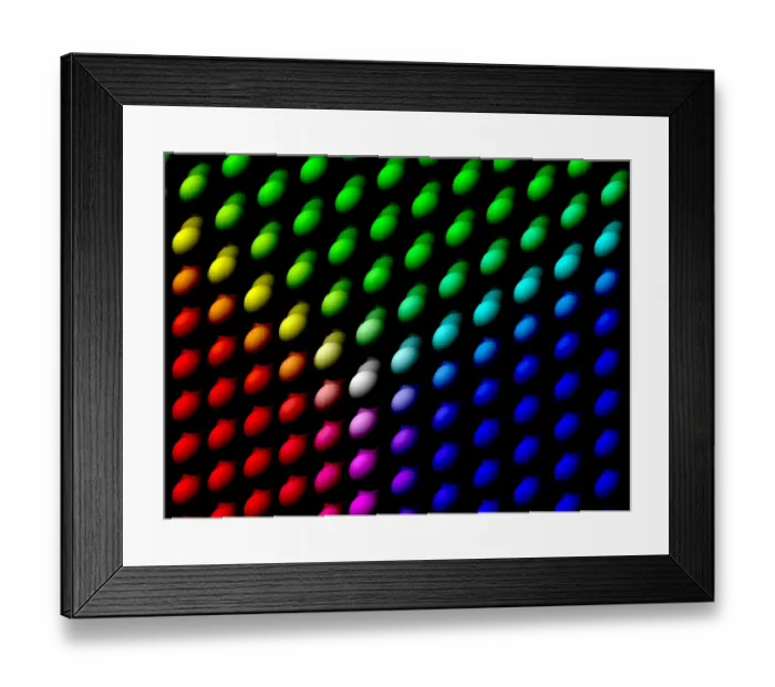 Framed Print : Colourful balls in RGB colours on black, 3D illustration Framed Print : Colourful balls in RGB colours on black, 3D illustration