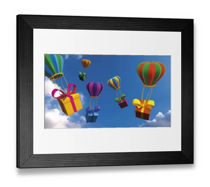 Framed Print : Presents are attached to balloons in the air, 3D rendering, illustration Framed Print : Presents are attached to balloons in the air, 3D rendering, illustration